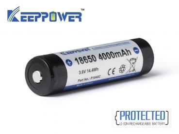 Keeppower 18650 - 4000mAh 3.6V–3.7V Li-Ion battery with protection circuitry (raised positive terminal) P1840C